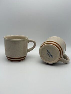 Vintage Rustic Stoneware Japan Speckled Brown Coffee Mugs Pair (SKU: 011MG)